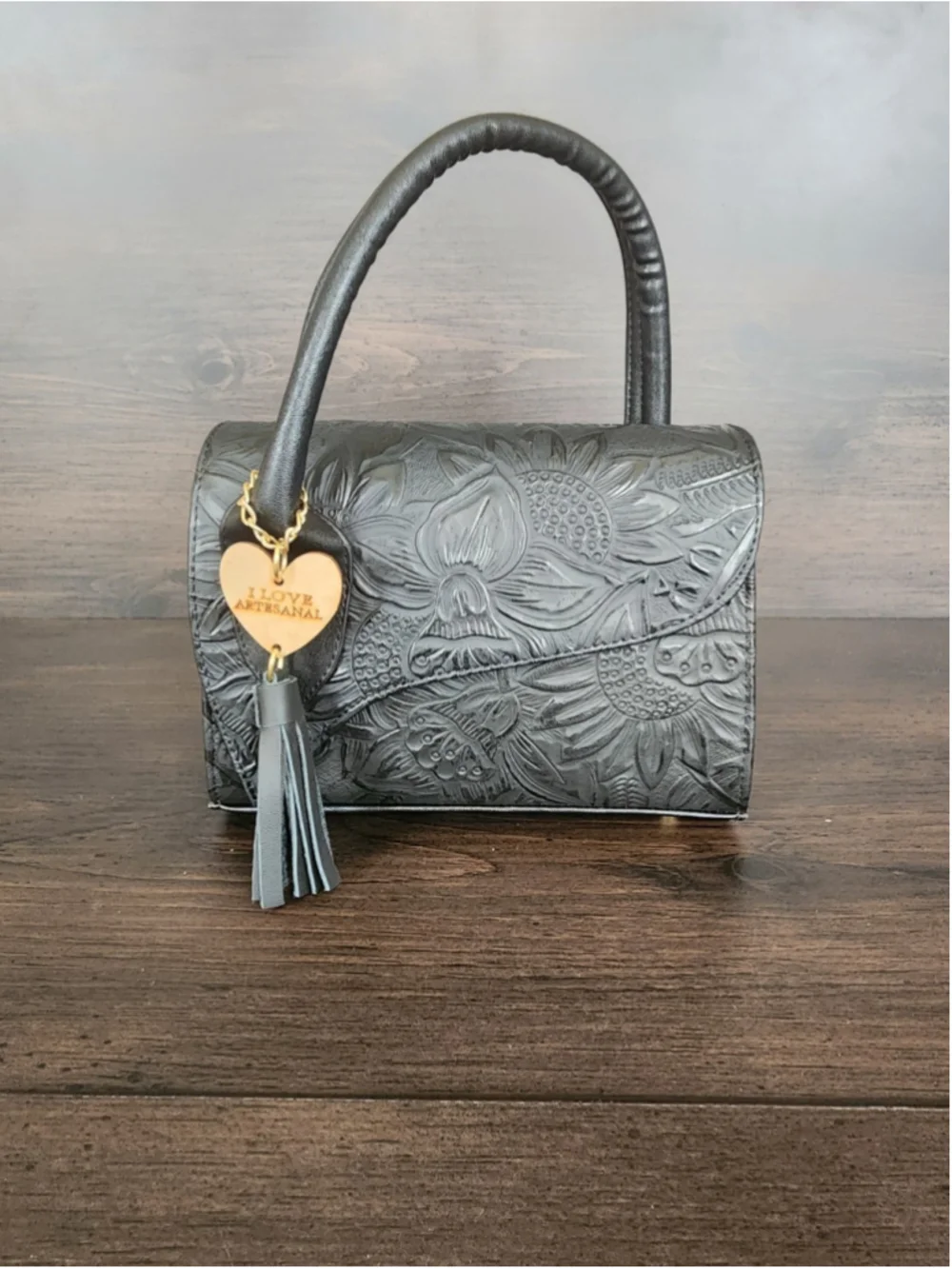 Black Sunflower Embossed Tooled Artisan LEATHER Crossbody Bag Purse Handbag